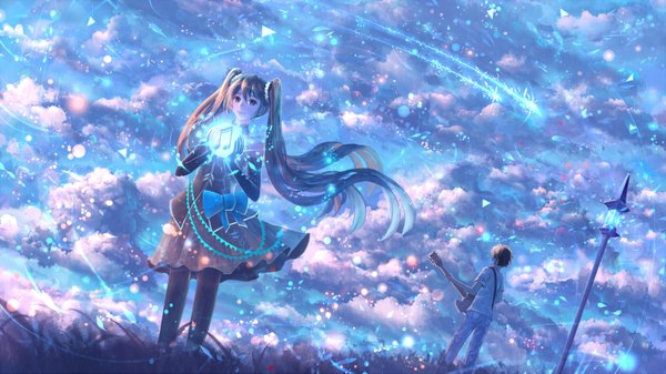 Anime picture 1584x891 with vocaloid hatsune miku bounin looking at viewer short hair smile brown hair wide image standing twintails brown eyes sky very long hair wind from behind shooting star girl dress boy bow