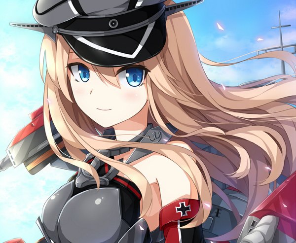 Anime picture 1023x842 with kantai collection bismarck battleship rin yuu single long hair looking at viewer blush blue eyes blonde hair smile bare shoulders sky cloud (clouds) girl uniform military uniform