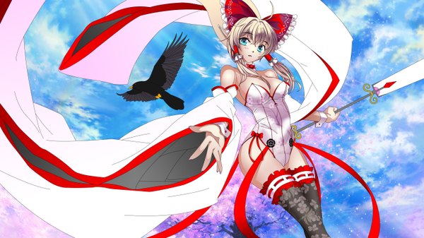 Anime picture 5760x3240 with league of legends janna windforce miyazaki byou starofastaroth single long hair highres blue eyes light erotic blonde hair wide image bare shoulders absurdres girl thighhighs bow hair bow detached sleeves animal bird (birds)