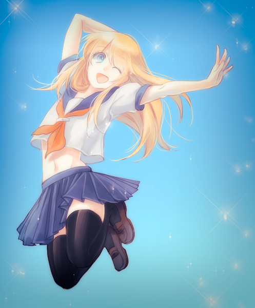 Anime picture 669x808 with touken ranbu nitroplus midare toushirou shino (syllable) single long hair tall image open mouth blue eyes simple background blonde hair smile bent knee (knees) pleated skirt one eye closed arm up sparkle midriff outstretched arm looking up