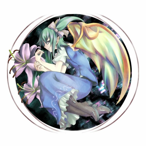 Anime picture 1063x1063 with touhou daiyousei rokushou kokuu single looking at viewer short hair white background full body profile green hair pointy ears short sleeves one side up embryo's pose girl flower (flowers) bow hair bow wings lily (flower)