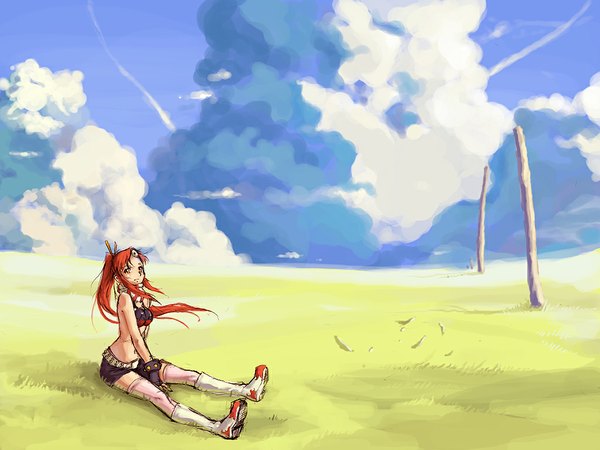 Anime picture 1024x768 with tengen toppa gurren lagann gainax yoko littner sitting cloud (clouds) red hair plant (plants) grass