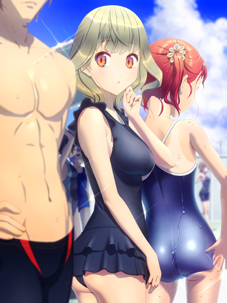Anime picture 1536x2048 with ryugujo tall image short hair light erotic black hair blonde hair red eyes twintails multiple girls sky cloud (clouds) looking back :o wet orange eyes hand on hip short twintails muscle tan tan lines