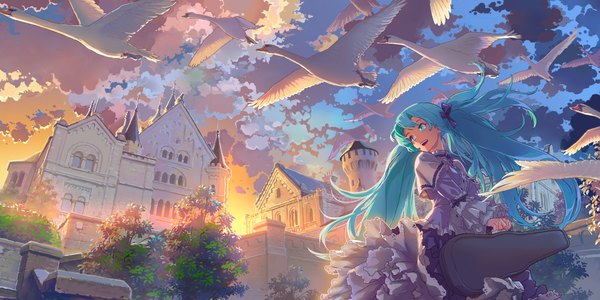 Anime picture 1920x960 with vocaloid hatsune miku geister single long hair highres open mouth wide image twintails looking away sky cloud (clouds) aqua eyes wind aqua hair turning head evening sunset scenic lolita fashion