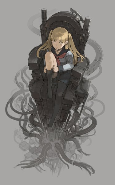 Anime picture 735x1178 with original tko (kkk66) single long hair tall image looking at viewer fringe blonde hair sitting twintails yellow eyes from above grey background dressing girl thighhighs uniform black thighhighs school uniform serafuku