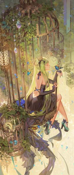 Anime picture 916x2140 with vocaloid hatsune miku alphonse (white datura) single long hair tall image sitting twintails bare shoulders full body bent knee (knees) eyes closed nail polish profile fingernails green hair from above from behind blurry bare legs
