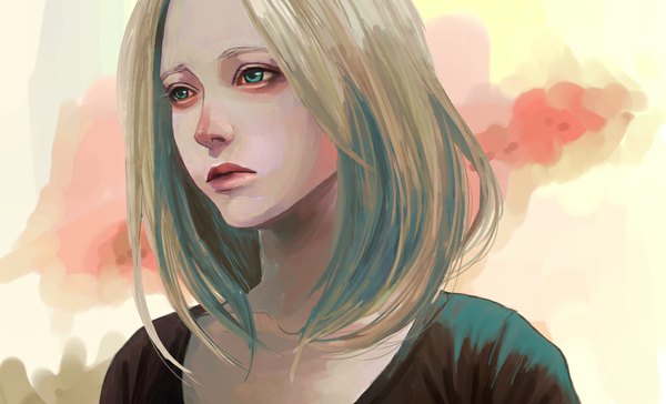 Anime picture 1000x607 with original ichihara single short hair blonde hair wide image green eyes looking away lips realistic sad girl