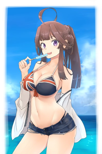 Anime-Bild 661x1000 mit kantai collection kongou battleship yuzuruka (bougainvillea) single long hair tall image looking at viewer fringe breasts open mouth light erotic smile brown hair standing purple eyes bare shoulders holding payot sky cloud (clouds)