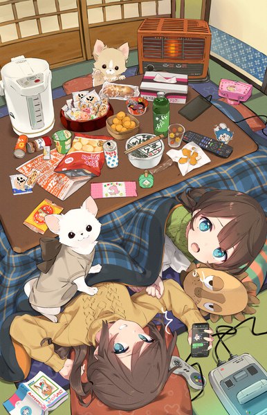 Anime picture 2893x4492 with doraemon original doraemon (character) sama (artist) tall image fringe highres open mouth blue eyes brown hair multiple girls holding indoors long sleeves fang (fangs) girl 2 girls animal food pillow