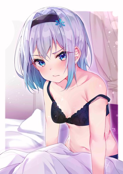 Anime picture 1534x2165 with ryuuou no oshigoto! sora ginko rouka (akatyann) single tall image looking at viewer blush fringe short hair breasts blue eyes light erotic hair between eyes sitting bare shoulders payot cleavage silver hair arm support bare belly