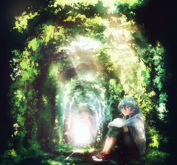 Anime picture 3000x2800 with asano moi single highres short hair sitting green eyes sunlight aqua hair boy plant (plants) tree (trees)