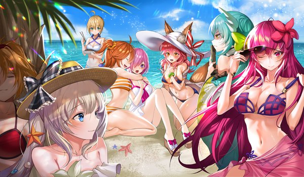 Anime picture 4000x2339 with fate (series) fate/grand order artoria pendragon (all) mash kyrielight scathach (fate) (all) tamamo (fate) (all) mordred (fate) fujimaru ritsuka (female) tamamo no mae (swimsuit lancer) (fate) marie antoinette (fate/grand order) scathach (swimsuit assassin) (fate) kiyohime (fate) mash kyrielight (swimsuit of perpetual summer) marie antoinette (swimsuit caster) (fate) kiyohime (swimsuit lancer) (fate) mordred (swimsuit rider) (fate) artoria pendragon (swimsuit archer) (fate) harusame (user wawj5773) long hair looking at viewer