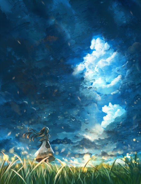 Anime picture 864x1125 with original bounin single long hair tall image brown hair sky cloud (clouds) wind landscape scenic sunrise girl plant (plants) animal bird (birds) grass