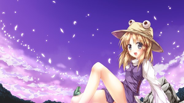 Anime picture 1920x1080 with touhou moriya suwako toshizaki shouma (artist) single blush highres open mouth blue eyes blonde hair wide image sky girl hat petals insect butterfly straw hat