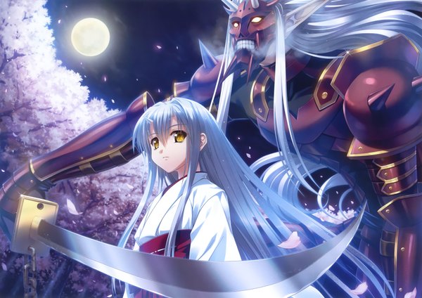 Anime picture 3500x2475 with original tsukasa yuuki long hair highres yellow eyes absurdres white hair traditional clothes night cherry blossoms girl weapon plant (plants) petals sword tree (trees) armor katana moon