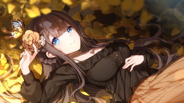 Anime picture 1920x1080 with virtual youtuber bison cangshu single long hair looking at viewer blush fringe highres breasts blue eyes smile brown hair wide image payot lying blunt bangs braid (braids) long sleeves hair flower arm up