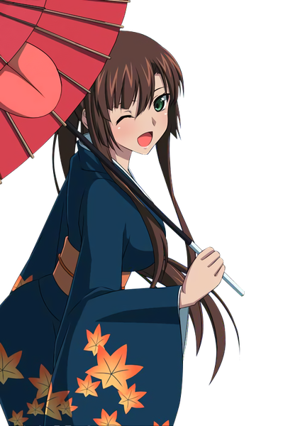 Anime picture 532x800 with strike the blood kirasaka sayaka single long hair tall image looking at viewer blush fringe breasts open mouth smile hair between eyes brown hair standing holding green eyes payot ponytail traditional clothes japanese clothes