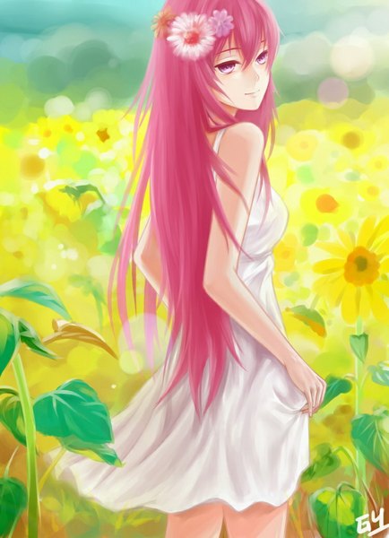 Anime picture 750x1036 with vocaloid megurine luka silverwing single long hair tall image pink hair pink eyes hair flower girl dress hair ornament flower (flowers) leaf (leaves) sundress