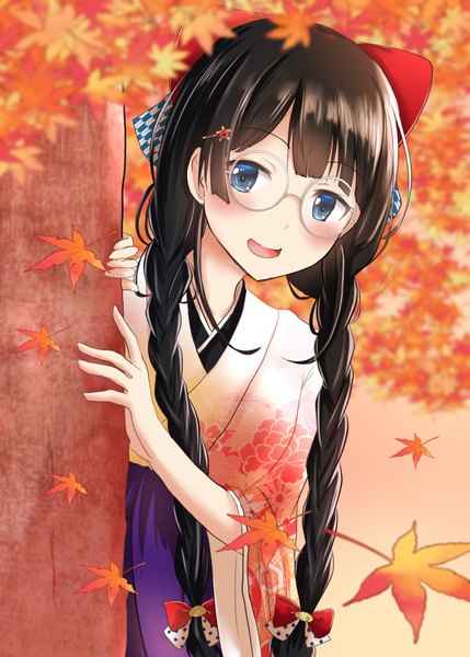 Anime picture 648x906 with virtual youtuber nijisanji tsukino mito ram hachimin single long hair tall image looking at viewer blush fringe open mouth blue eyes black hair standing blunt bangs braid (braids) traditional clothes :d japanese clothes wide sleeves