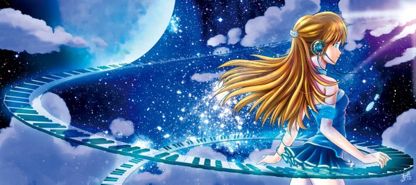Anime picture 2640x1181 with long hair highres blue eyes blonde hair wide image music skirt star (stars)