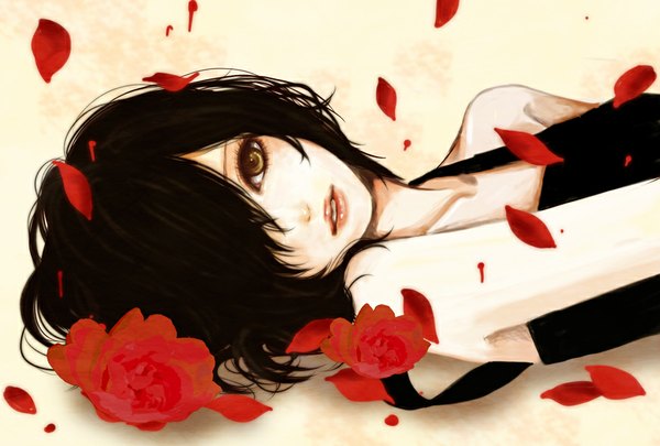 Anime picture 874x591 with original oto ko neco single looking at viewer fringe short hair black hair bare shoulders brown eyes lying parted lips hair flower light smile hair over one eye close-up yellow background girl dress hair ornament flower (flowers)
