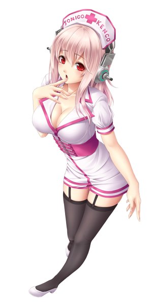 Anime picture 900x1700 with nitroplus super sonico mochi.f single long hair tall image light erotic simple background red eyes white background pink hair cleavage finger to mouth nurse girl thighhighs black thighhighs nurse cap