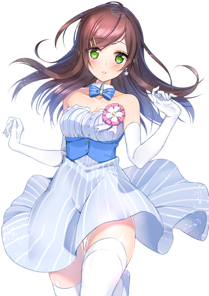 Anime picture 1000x1414 with ensemble stars! anzu (ensemble stars!) tyanotya single long hair tall image looking at viewer blush simple background brown hair white background bare shoulders green eyes girl thighhighs dress gloves earrings white thighhighs elbow gloves
