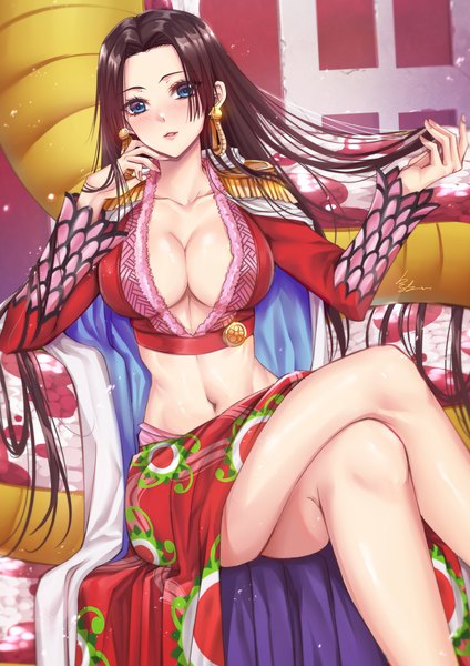 Anime picture 3507x4960 with one piece toei animation boa hancock salome (one piece) gu li single long hair tall image looking at viewer blush highres breasts open mouth blue eyes light erotic black hair large breasts sitting signed payot