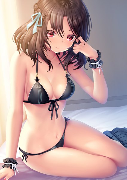 Anime picture 1074x1517 with original zizi (zz22) single tall image looking at viewer blush fringe short hair breasts light erotic smile hair between eyes red eyes brown hair large breasts sitting cleavage indoors braid (braids) nail polish