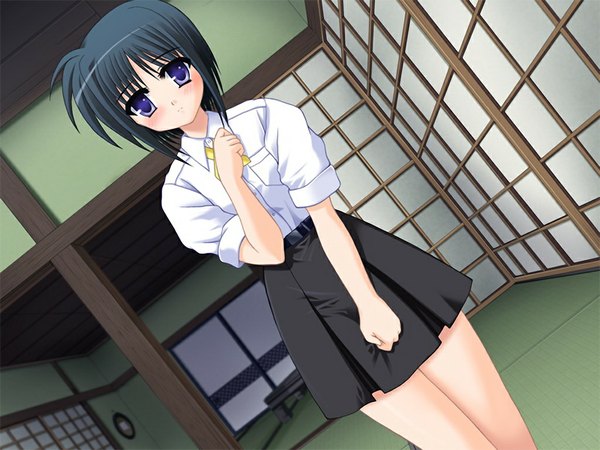 Anime picture 1024x768 with sakura machizaka stories (game) blush short hair black hair purple eyes game cg girl