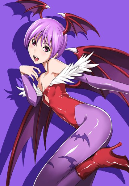 Anime picture 900x1290 with vampire / darkstalkers (game) capcom lilith aensland hakaba (dairiseki) single tall image blush short hair open mouth light erotic simple background smile purple eyes bare shoulders purple hair purple background girl pantyhose