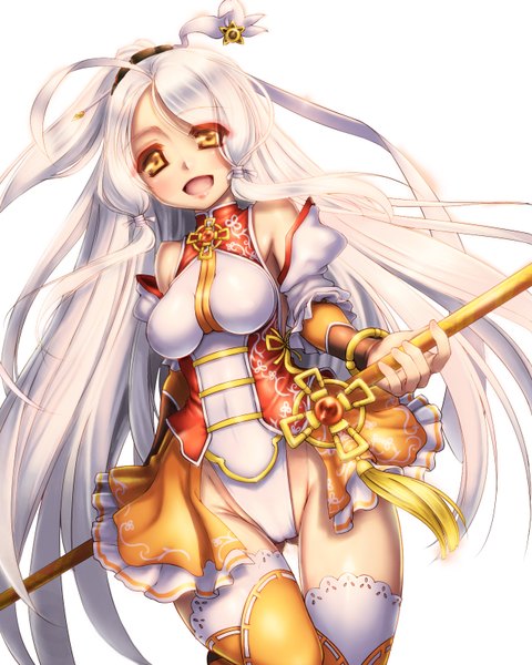 Anime picture 1280x1600 with elsword ara haan little xia (elsword) ecell (artist) single long hair tall image looking at viewer blush breasts open mouth light erotic simple background smile white background yellow eyes white hair girl thighhighs dress