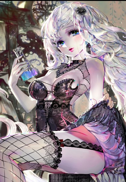 Anime picture 799x1150 with crab d single long hair tall image fringe breasts blue eyes light erotic blonde hair sitting holding looking away cleavage nail polish fingernails lips legs sleeveless lipstick wavy hair