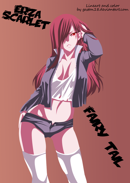 Anime picture 3540x5000 with fairy tail erza scarlet tongasart single long hair tall image looking at viewer fringe highres open mouth light erotic simple background red eyes signed absurdres red hair hair over one eye bare belly character names hand on hip