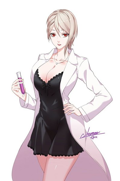 Anime picture 680x1024 with shokugeki no soma j.c. staff nakiri alice gu-ko citemer tall image looking at viewer fringe short hair breasts light erotic simple background red eyes large breasts white background parted lips grey hair hand on hip girl dress choker