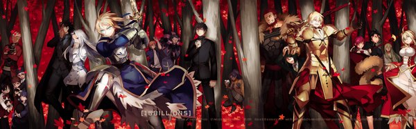 Anime picture 2362x740 with fate (series) fate/zero studio deen type-moon artoria pendragon (all) saber toosaka rin nero claudius (fate) (all) matou sakura nero claudius (fate) illyasviel von einzbern gilgamesh (fate) archer (fate) emiya shirou irisviel von einzbern diarmuid ua duibhne (lancer) (fate) emiya kiritsugu rider (fate/zero) kotomine kirei waver velvet