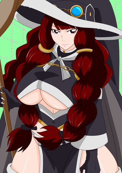 Anime picture 724x1024 with fairy tail irene belserion amerikan (nise) single long hair tall image looking at viewer fringe breasts light erotic simple background standing purple eyes holding red hair braid (braids) huge breasts shiny skin underboob side slit