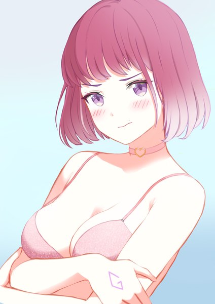 Anime picture 2480x3508 with original greyzie angel jubi (regiana) single tall image looking at viewer blush fringe highres short hair breasts light erotic simple background large breasts purple eyes bare shoulders pink hair upper body head tilt gradient background
