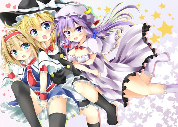 Anime picture 1300x929 with touhou kirisame marisa patchouli knowledge alice margatroid kuzumomo long hair short hair open mouth blue eyes light erotic blonde hair purple eyes multiple girls cleavage purple hair short sleeves gradient background crescent girl thighhighs