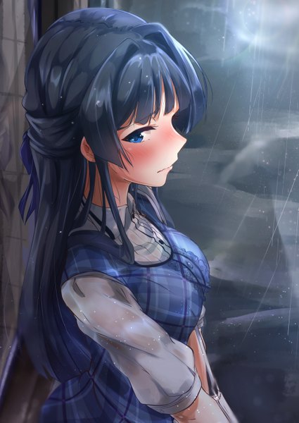 Anime picture 2006x2833 with idolmaster idolmaster million live! mogami shizuka moment (moment 607) single long hair tall image looking at viewer blush fringe highres breasts blue eyes large breasts standing payot blue hair outdoors profile from above