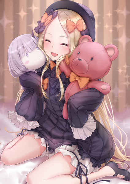 Anime picture 848x1200 with fate (series) fate/grand order abigail williams (fate) lavinia whateley (fate/grand order) kachayori single long hair tall image blush fringe open mouth blonde hair smile sitting holding indoors eyes closed long sleeves hug wariza