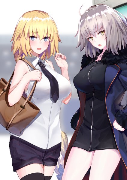 Anime picture 847x1200 with fate (series) fate/grand order jeanne d'arc (fate) (all) jeanne d'arc alter (fate) jeanne d'arc (fate) ninoude (ninoude44) tall image blush fringe short hair breasts open mouth blue eyes blonde hair hair between eyes large breasts standing bare shoulders multiple girls yellow eyes