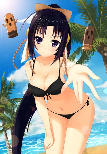 Anime picture 1400x2000 with rokujouma no shinryakusha!? kurano kiriha otono fei single long hair tall image looking at viewer breasts light erotic black hair smile purple eyes cleavage ponytail beach girl navel bow swimsuit plant (plants)