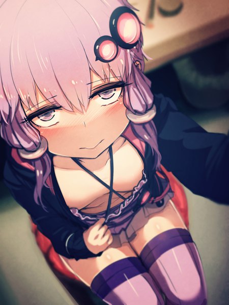Anime picture 3090x4121 with vocaloid yuzuki yukari at2. single long hair tall image looking at viewer blush fringe highres short hair breasts light erotic hair between eyes sitting purple eyes absurdres purple hair blurry embarrassed