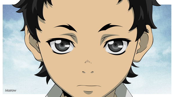 Anime picture 2100x1182 with deadman wonderland igarashi ganta morrow single looking at viewer highres short hair black hair wide image sky cloud (clouds) grey eyes portrait face vector boy