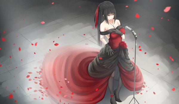 Anime picture 3000x1754 with original kikivi single long hair highres black hair red eyes wide image bare shoulders looking away from above hand on chest girl dress gloves flower (flowers) ribbon (ribbons) hair ribbon petals pantyhose