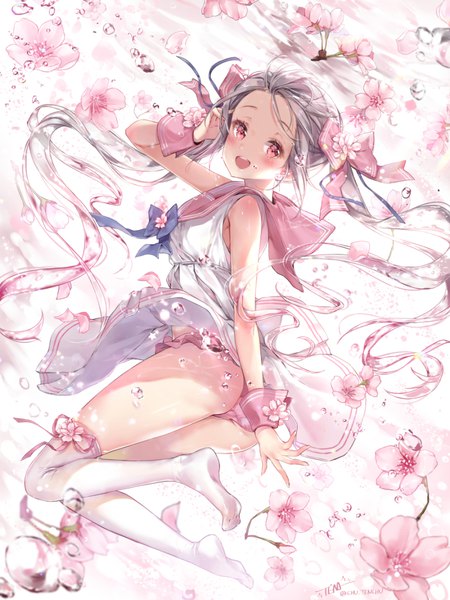 Anime-Bild 800x1067 mit original tena single long hair tall image looking at viewer blush fringe open mouth light erotic twintails signed full body :d pink eyes looking back grey hair no shoes floating hair cherry blossoms