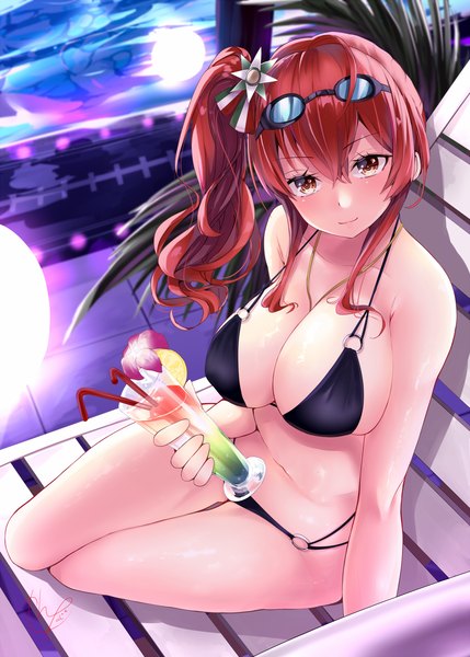 Anime picture 1250x1748 with azur lane zara (azur lane) zara (poolside coincidence) (azur lane) narushima kanna single long hair tall image looking at viewer blush fringe breasts light erotic hair between eyes large breasts sitting bare shoulders holding brown eyes signed payot