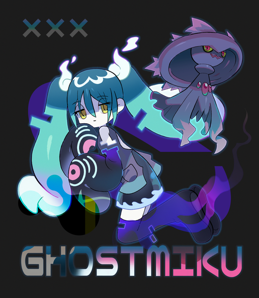 Anime-Bild 3075x3539 mit pokemon vocaloid nintendo project voltage hatsune miku mismagius ghost miku (project voltage) morizo (morizoshop) single long hair tall image looking at viewer fringe highres hair between eyes twintails yellow eyes absurdres full body aqua hair