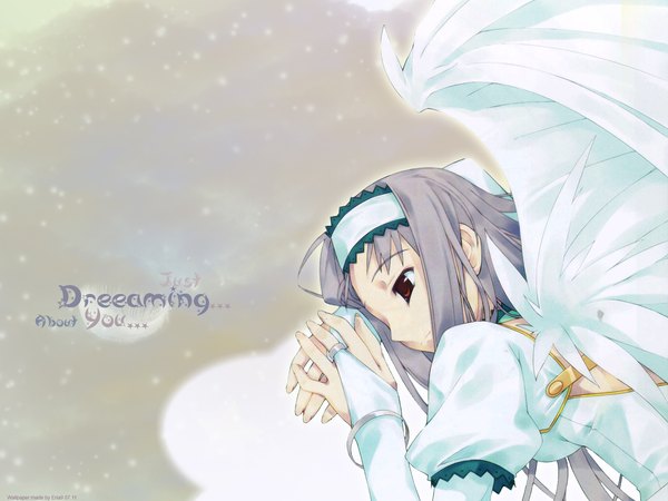 Anime picture 1600x1200 with d-a black d-a white yuriel arlencloyn murakami suigun single long hair short hair red eyes purple hair upper body grey background snow angel wings third-party edit angel girl wings bracelet hairband ring